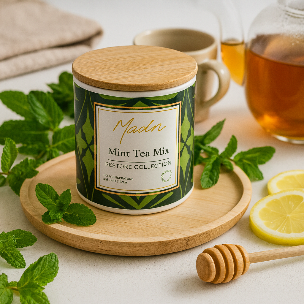 Madn Mint Tea Mix canister from the Restore Collection on a wooden tray, surrounded by fresh mint leaves, lemon slices, a honey dipper, and a glass teapot with brewed tea.